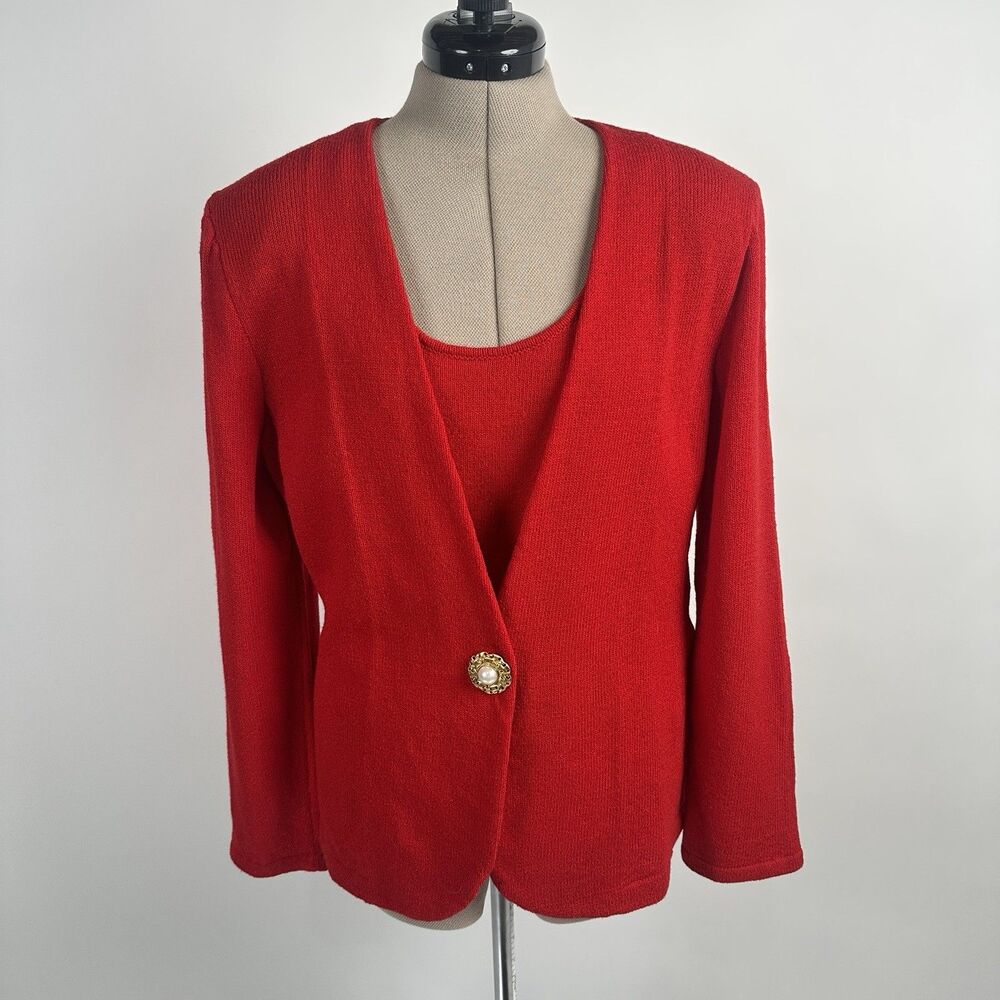 Antonella Preve Sweater Jacket 2 PC Set Women's sz L Red Collarless 80s VTG